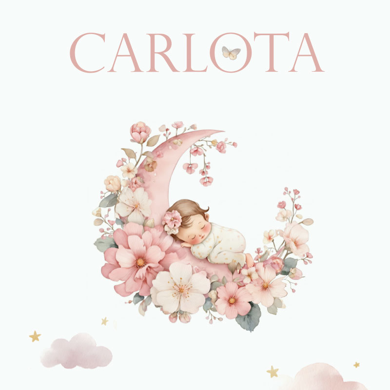 Ilustración dulce y personalizada para bautizo de niña con bebé durmiendo sobre una luna de flores rosas